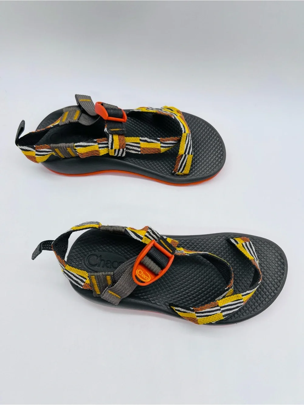 Chaco Kids Z1 Ecotread Sandals in Black, Orange, Yellow Checkerboard Size 3